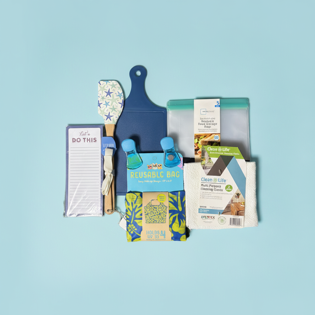 Collection of kitchen items including a cutting board, utensils, and packaged products on a light blue background
